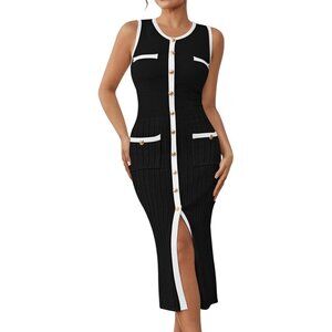 Women Black Summer Sweater Dress Sleeveless Slim Fit Bodycon Midi Dresses